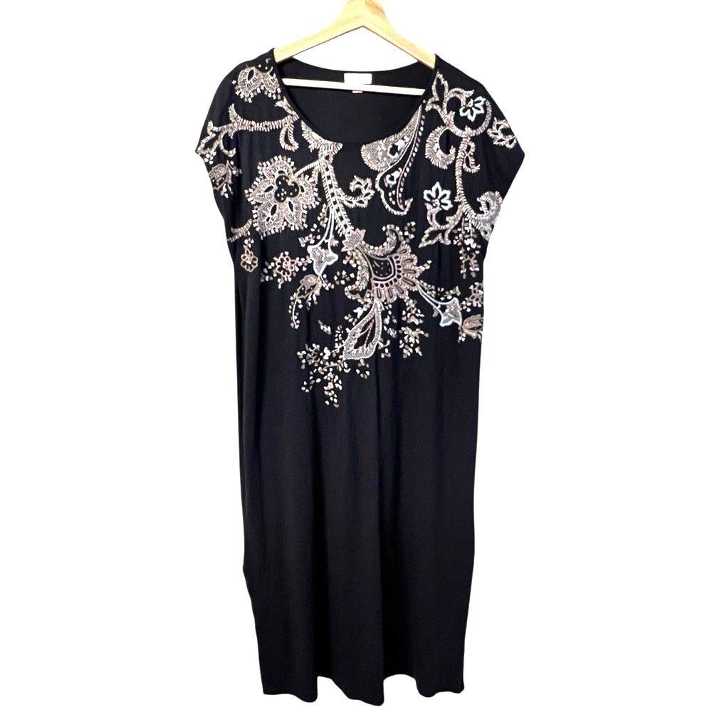 J Jill Embroidered Maxi Dress Size L Cotton Tencel Stretch Boho Beachy Vacation